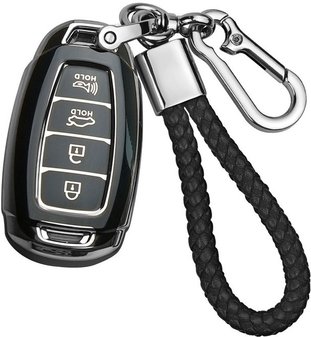 MODACE 현대 차키케이스+가죽 메탈 키링 열쇠고리(4/5버튼)TPU 소프트젤 보호 케이스, 4버튼-실버 블랙