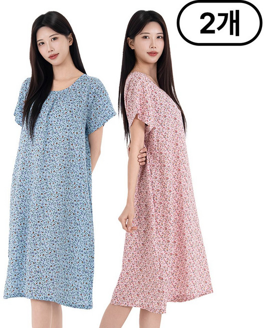 시크나인 아사면 반팔 원피스 잠옷 플라워 여름 홈웨어 빅사이즈
