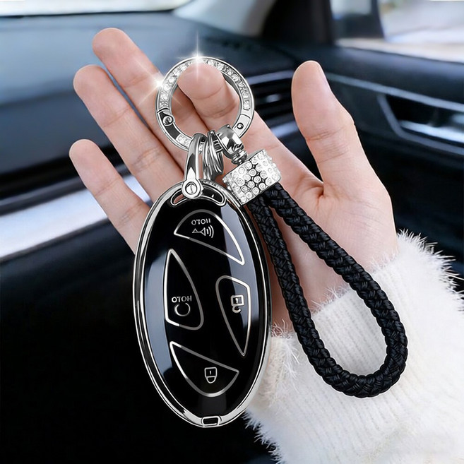 MODACE 현대 자동차 스마트 (5버튼/7버튼)TPU 키케이스 보호 케이스+ 큐빅 편직 가죽 메탈 키링, 7버튼, 실버 블랙