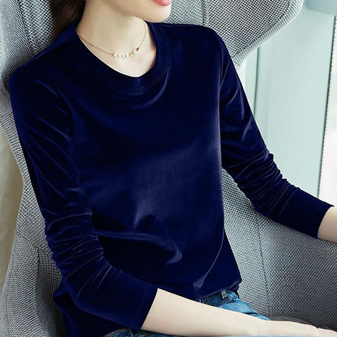 ROYALBELLE 여성 라운드넥 단색 빅사이즈 루즈핏 벨벳 긴팔 티셔츠 D00112735