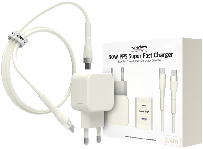 로랜텍 파스텔 PPS PD 초고속 충전기 30W + C타입 to C타입 케이블 2.4m 세트, 크림, 1세트