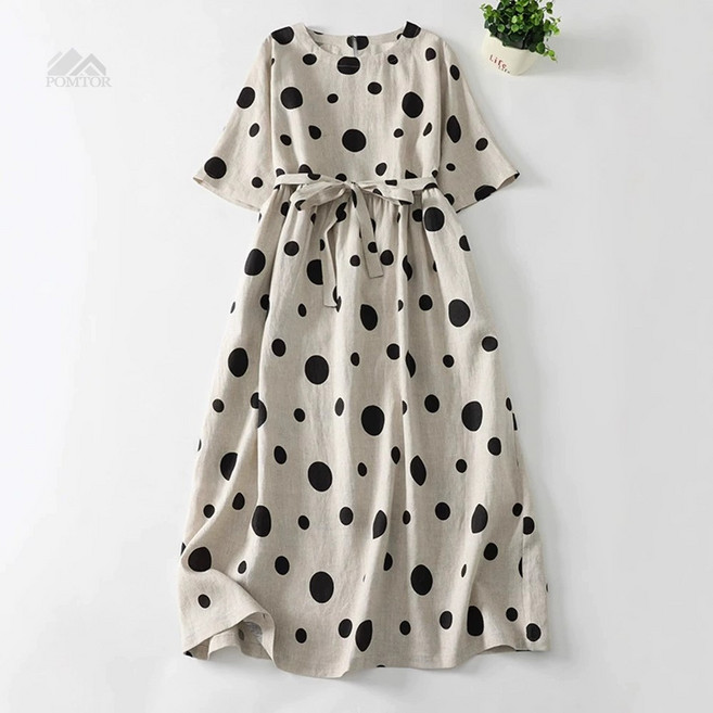 POMTOR 여성 루즈핏 바캉스룩 도트 반팔 허리끈 면마 롱 원피스