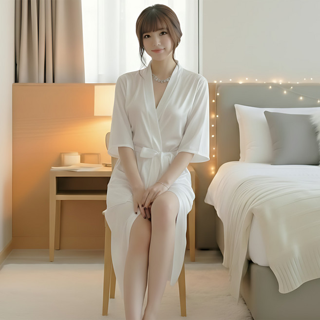 로리돌스 여성 화이트 롱 로브 홈웨어 잠옷 가운 란제리