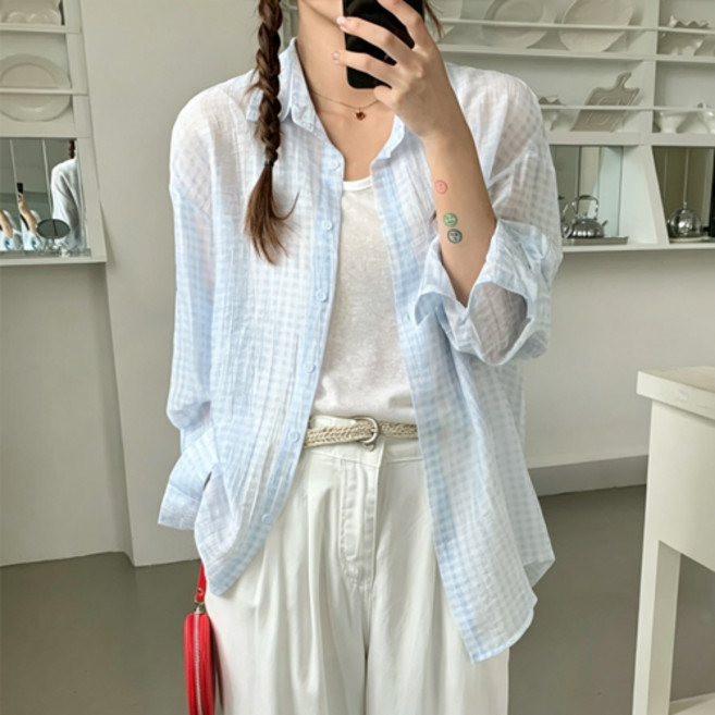 루엔나 여성용 빅사이즈 텐셀 남방 체크 셔츠 긴팔 블라우스