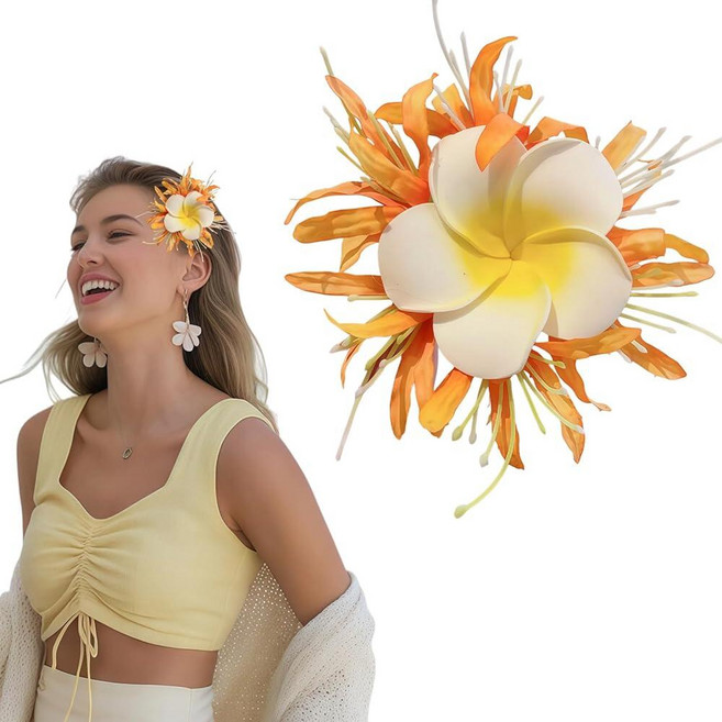 Flower Hair Clips Hawaii Hair Accessories for Women White Plumeria Hair Clip Summer Beach Claw Cli, Orange