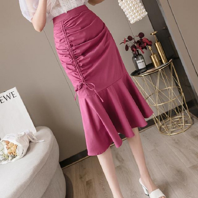 【抽繩不規則】魚尾半身裙 高腰A字裙 包臀裙 中長款半身裙 顯瘦百褶裙 高腰顯瘦 不規則裙襬 抽繩可調節 夏秋通勤約會穿搭