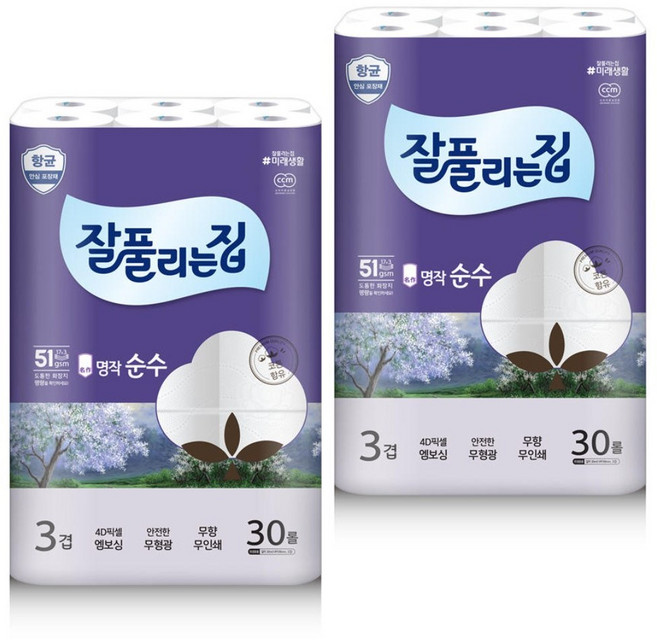 잘풀리는집 명작순수 3겹 화장지 30m, 30롤, 2개