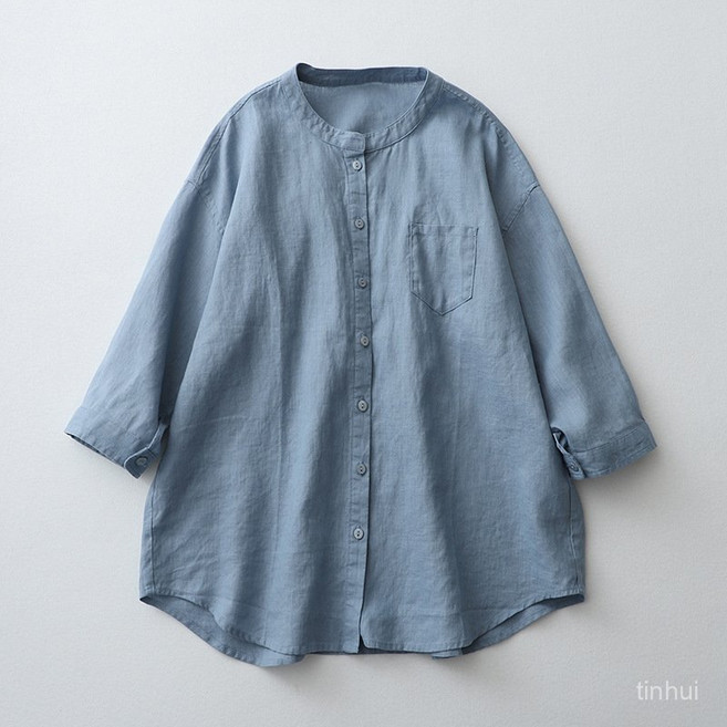 Sorpci 여성용 린넨 셔츠 칼라 있음7분리형 소매 넉넉한 핏의 빅사이즈 상의