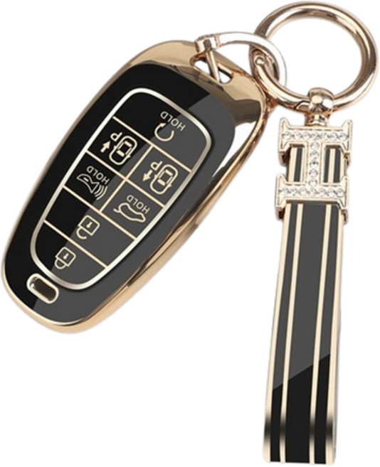 키에티 현대 호환 팰리세이드 스타리아 7버튼 키케이스 + H큐빅 키체인, 골드-블랙