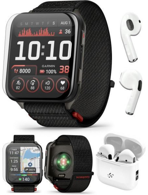 Garmin Venu X1 (이끼/타이타늄) 피트니스 GPS 스마트워치 번들 - 2인치 얇고 가벼운 AMOLED 디스플레이 고급 건강 및 피트니스 플레이베터 무선 이어버드, Black/Slate Titanium