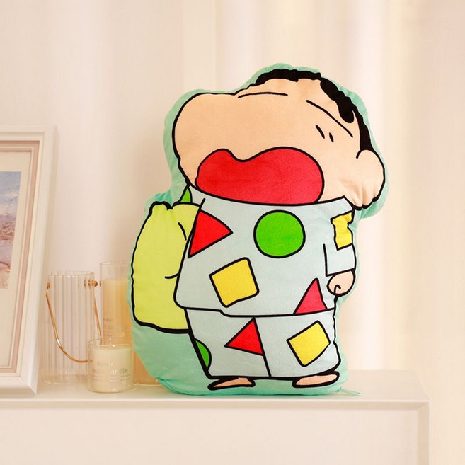 [짱구는 못말려]짱구 파자마 라인 프린트 쿠션+담요 2in1 세트 하나의 가격으로 쿠션 베개 과 담요를 동시에, 제품5(하품짱구)(하늘색)