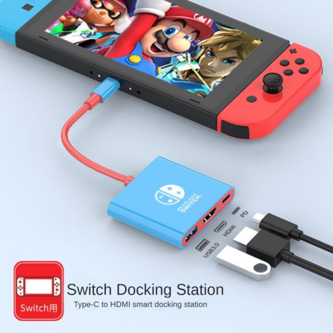 노트북허브 Typec to HDMI 어댑터 3in 1 USB C 허브 C타입 도킹 스테이션 닌텐도 스위치 OLED 도크 TV 4K USB3.0 PD 충전 비디오 컨버터, 1개, [01] 파란