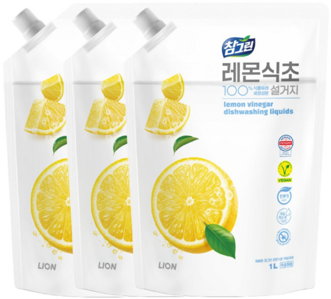 참그린 레몬식초 설거지 주방세제 리필, 3개, 1L