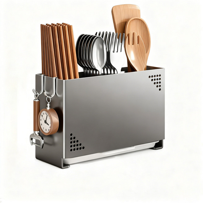 호밍사이 다용도 물빠짐 수저통 주방 3구 수저정리함 식기 보관함, 1개, 실버