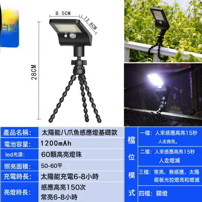 八爪魚太陽能燈戶外夾子庭院燈路燈家用壁燈新款感應防水, 八爪魚基礎款 白光:如圖