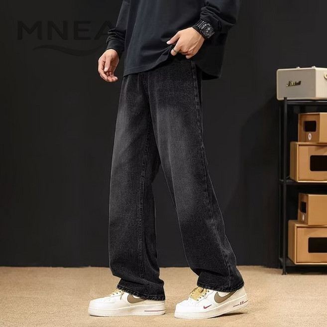 남성 아메리칸 진청바지 봄 워싱 하이스트릿 탄력밴드 허리 직통 캐주얼 와이드 팬츠