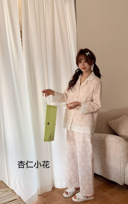 1166免穿bra春秋季棉紗睡衣女長袖翻領家居服女新款套裝一件代發