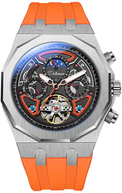 호환 럭셔리 뚜르비옹 시계 남성용 스포츠 고무 스트랩 문페이즈 날짜 방수 자동 식 손목 시계, [10] orange rubber