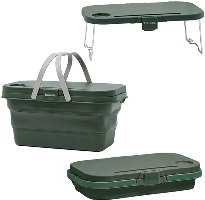 트렌드컨테이너 피크닉 다용도 접이식 테이블 박스 세트 캠핑 낚시 피크닉 바스켓, 1단, 1개, 카키