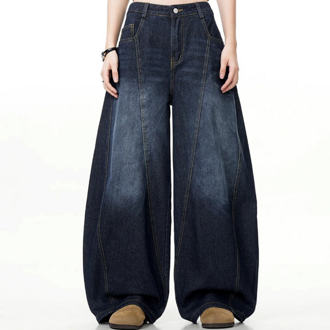 네모엔룩 벌룬인디고 남녀공용 와이드 뒷면 자수레터링 로우라이즈 루즈핏 레이어드룩 캐주얼 데님 청 팬츠