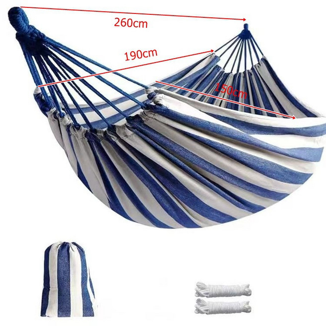 吊牀戶外單雙人防側翻加厚帆布學生室內宿舍寢室鞦韆成人睡覺吊椅, 1個, 260*150cm藍白色條紋無木棍:如圖