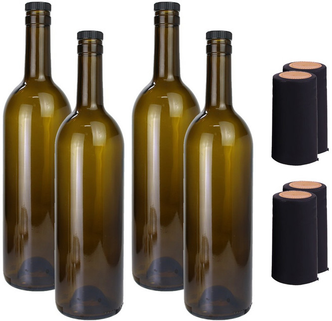 가인글로벌 와인750 갈색 유리병 + 코르크 블랙 + 탑씰 블랙(31파이) 루땡 수축필름 주류병, 4세트, 750ml