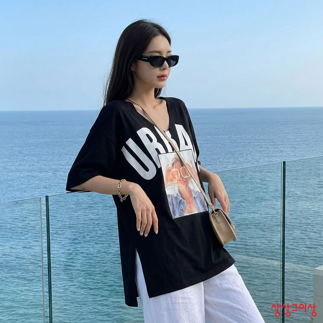 상상그이상 여성용 프린팅 오렌지걸 컷팅 유넥 오버핏 반팔 티셔츠
