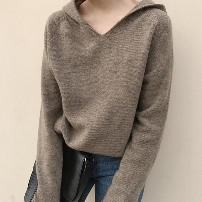 슈퍼인 여성 브이넥 후드 니트 가을 겨울 데일리 캐주얼 스웨터