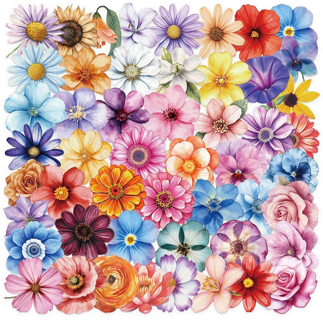 데일리펀 투명 PET 다꾸 핸드폰 노트북 꽃 플라워 소품 다이어리 꾸미기 스티커 diy 만들기재료, 50매, 꽃스티커