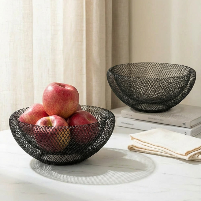 포니홈 원형 철제 바구니 과일 와이어 바스켓, 1개, 블랙