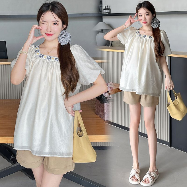 임산부 여름 쉬폰 블라우스 임산부 여름 편안한 반팔 블라우스 넓은 핏 꽃무늬 에디션 JS