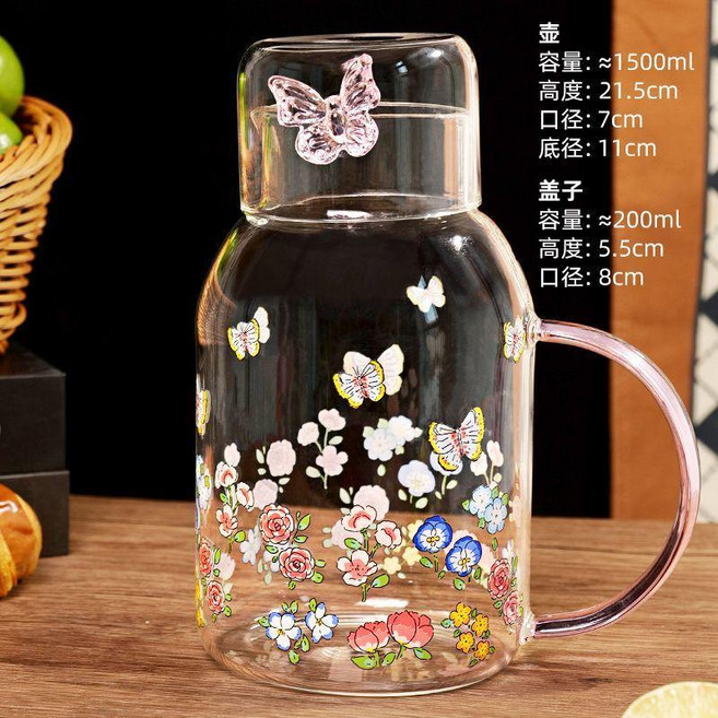 高顏值玻璃冷水壺套裝 耐高溫防爆茶壺帶蓋家用果飲水壺, 1個, 大容量1500ml蝶與花冷水壺,粉色蝴蝶裝飾