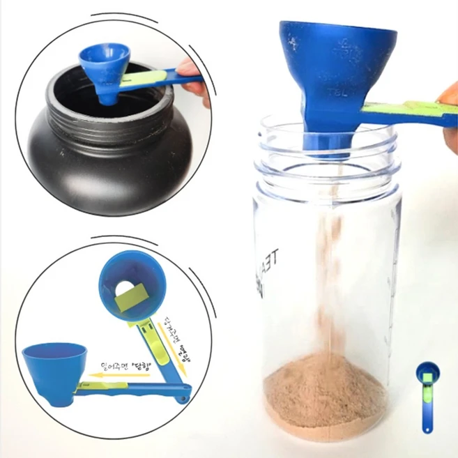 이숍 반자동 계량스푼 보충제 분유 스쿱 깔대기, 1개, 블루 - 쿠팡