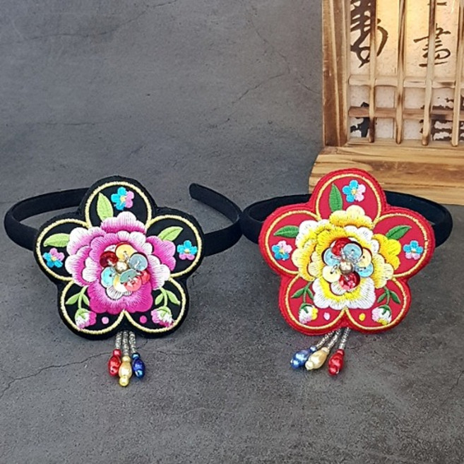큰꽃 자수 한복 머리띠 외국인선물 한복체험 헤어악세서리 한복장신구 한국관광기념품 한복사진소품