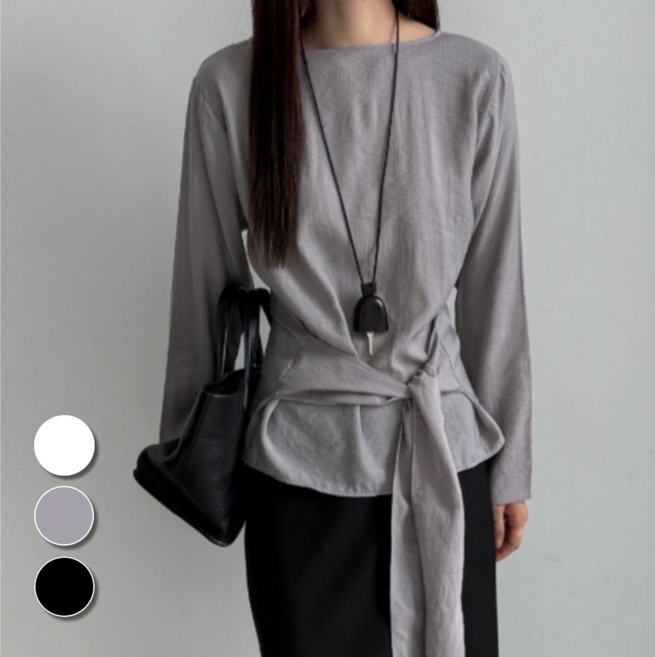 핏몬 여성 허리라인 리본 랩 긴팔 블라우스