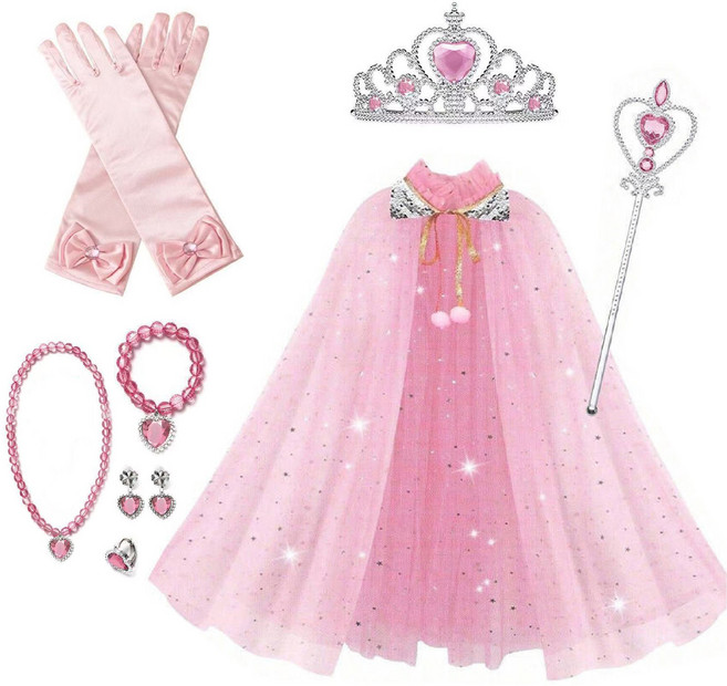 [청춘교복] 공주세트 8종 생일 축하 파티 브라이덜샤워 연말 선물 소품 프린세스 코스튬 주얼리 왕관 요술봉 망토 목걸이 액세사리, 1개, 연핑크