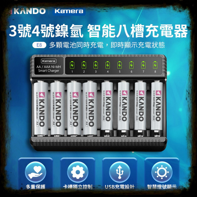 Kanera 佳美能 E8 智能八槽充電器, 1個, 鎳氫3號AA電池X8顆