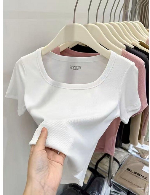여성 스퀘어넥 슬림핏 티셔츠 반팔 슬림 크롭 데일리 여자 스판 반팔티 크롭티 탑 트임