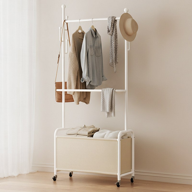 FODOSS 튼튼한 철제 시스템 행거 스탠드 옷걸이 수납바구니 포함 다용도 행거, 화이트