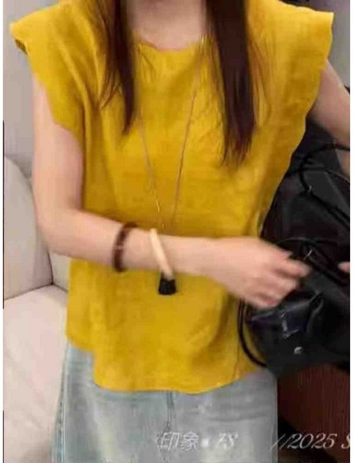 夏純色圓領上衣 蝴蝶袖亞麻簡約設計