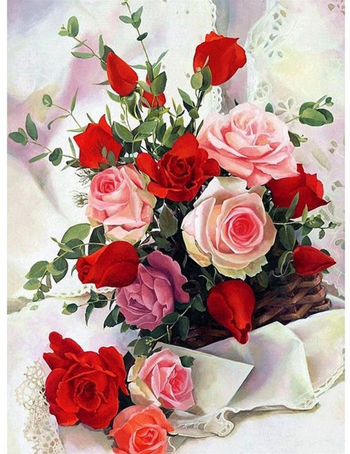 심스타 실십자수 해바라기 장미 모란 꽃 12종 프린트 도안 패키지, 1개, 10번 장미꽃다발(면사)