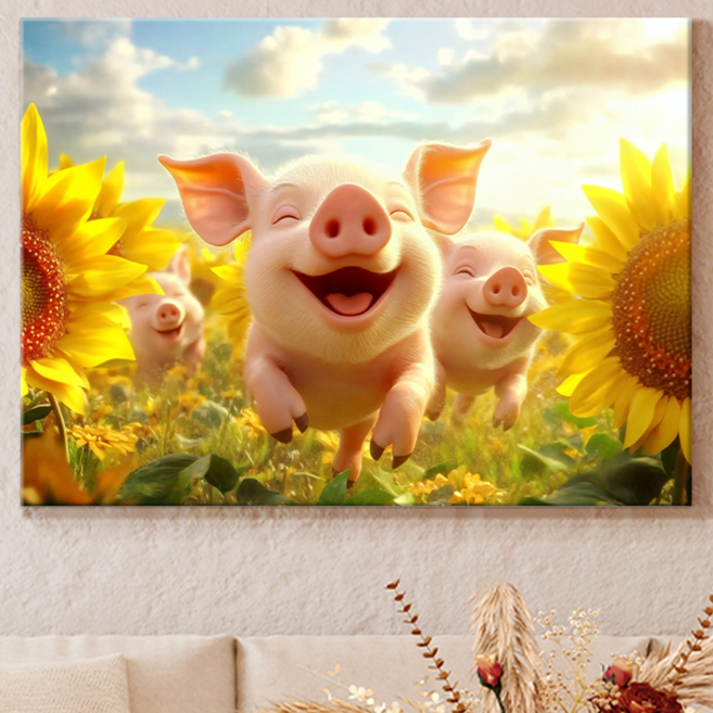 [인메이블] 돈들어오는그림 해바라기 돼지 9종 인테리어 액자 풍수 개업 선물 캔버스 거실 현관 황금 금전운, 1. 돈들어오는 행복 돼지, 캔버스 액자, 03호 [27.3x19cm]