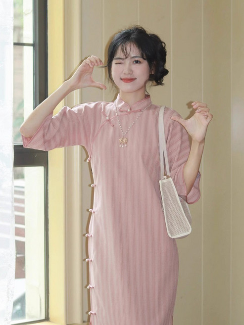 DFMEI 復古民國風新中式改良版旗袍古法無省條紋倒大袖學生秋季新款女