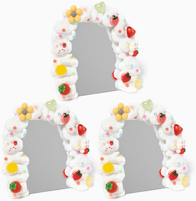 아이베이비아트 클레이 폼미러 DIY만들기세트 거울만들기 미니손거울꾸미기 데코덴 접이식휴대용손거울, 3개, 딸기파티