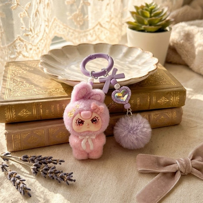 라부부 미니 키링 키링줄 세트구성 캐릭터 가방 키링 귀여운 열쇠고리 가방 고리, 1개, 리본(퍼플)