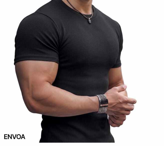 ENVOA 2P 골지 반팔티 남성 머슬핏 슬림핏 쫄티 이너 라운드넥 티셔츠