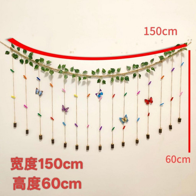 懸掛照片牆 綠藤麻繩夾子 相片牆面裝飾掛牆展示 創意家居裝飾, 1個, 30夾粘鉤+無痕釘+蝴蝶綠藤掛飾