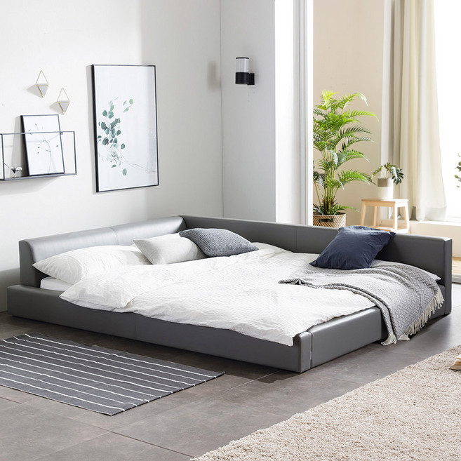 젠티스 스너그온 저상형 낮은 PU 가죽 패밀리 침대 프레임, 그레이