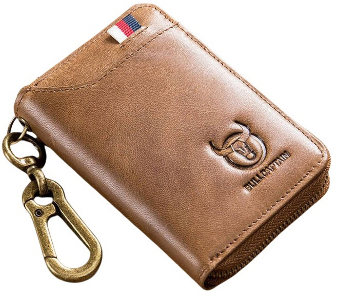 BULLCAPTAIN 牛皮多功能鑰匙包 商務真皮零錢包 汽車鎖匙包 附卡位與拉鍊 黃棕色 11.5x8x2.5公分
