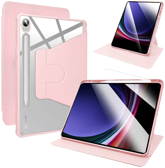 디상커 갤럭시 탭 720도 회전 단색 투명 펜슬수납 태블릿 케이스 S11 울트라/S11/S10 FE+/S9 FE+/S9 FE/A11+/A9+ 14.6/13.1/12.4/11인치, 핑크, 1개